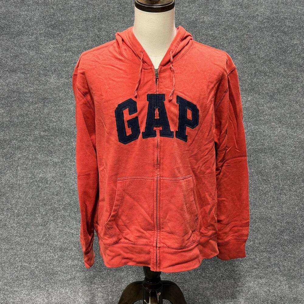 Gap Hoodie Mens 2XL Red Full Zip Fleece Logo Sweatshirt Spell Out Pockets